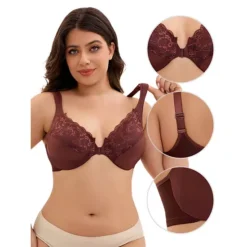 Women's Front Closure Lace Trim Underwire Plunge Bras Plus Size Adjustable Straps Lingerie -Fashion Clothing Store 7602840 ALT