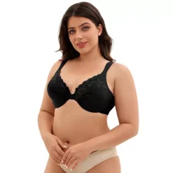 Women's Front Closure Lace Trim Underwire Plunge Bras Plus Size Adjustable Straps Lingerie -Fashion Clothing Store 7602840 Black