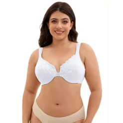 Women's Front Closure Lace Trim Underwire Plunge Bras Plus Size Adjustable Straps Lingerie -Fashion Clothing Store 7602840 White