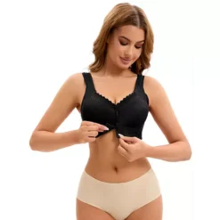 Women's Lace Front Closure Full Coverage Vest Soft Wirefree Breathable Bras -Fashion Clothing Store 7602843 Black