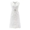 Women's Sleeveless Lace Dress Lapel Collar Wedding Cocktail Belted Button Down A-Line Dresses