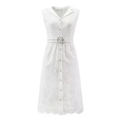Women's Sleeveless Lace Dress Lapel Collar Wedding Cocktail Belted Button Down A-Line Dresses