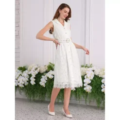 Women's Sleeveless Lace Dress Lapel Collar Wedding Cocktail Belted Button Down A-Line Dresses -Fashion Clothing Store 7602886 ALT2
