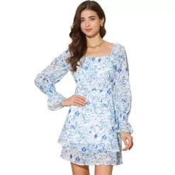 Dress For Women's Long Sleeve Square Neck Floral Print Casual A Line Dress
