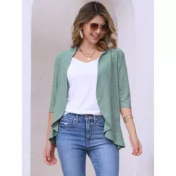 Women's Eyelet Cardigan 3/4 Sleeve Lapel Neck Ruffle Open Front Casual Cardigans -Fashion Clothing Store 7602943 ALT