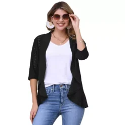 Women's Eyelet Cardigan 3/4 Sleeve Lapel Neck Ruffle Open Front Casual Cardigans -Fashion Clothing Store 7602943 Black