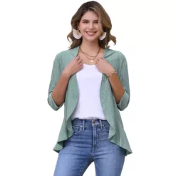 Women's Eyelet Cardigan 3/4 Sleeve Lapel Neck Ruffle Open Front Casual Cardigans -Fashion Clothing Store 7602943 Grey Green 1