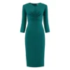 Women's 3/4 Sleeve Pencil Dress V Neck Pleated Front Vintage Wear To Work Sheath Dresses