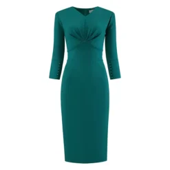 Women's 3/4 Sleeve Pencil Dress V Neck Pleated Front Vintage Wear To Work Sheath Dresses