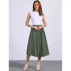 A-Line Casual Midi Skirt For Women's Pleated Elastic Waist Button Front With Pocket -Fashion Clothing Store 7602966 ALT2