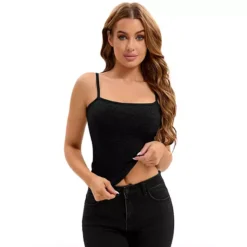Women's Ribbed Camisole Basic Undershirts Unadjustable Spaghetti Strap Cami Tank Top -Fashion Clothing Store 7602970 Black
