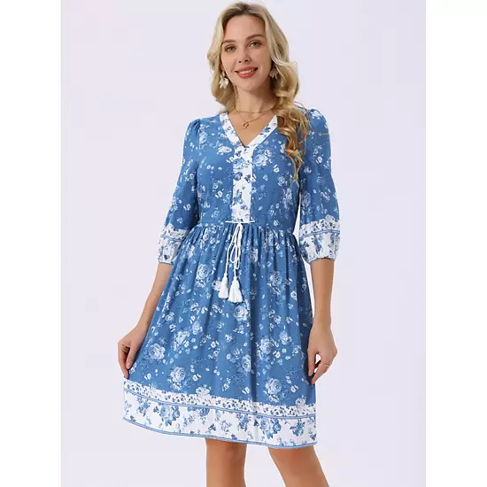 Women's Summer Floral Dress V Neck Half Sleeve Drawstring Waist Knee Length Flowy Dress With Pockets 2 Women's Summer Floral Dress V Neck Half Sleeve Drawstring Waist Knee Length Flowy Dress With Pockets - Image 2