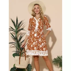 Women's Summer Floral Dress V Neck Half Sleeve Drawstring Waist Knee Length Flowy Dress With Pockets 8 Women's Summer Floral Dress V Neck Half Sleeve Drawstring Waist Knee Length Flowy Dress With Pockets -Fashion Clothing Store 7602985 ALT2