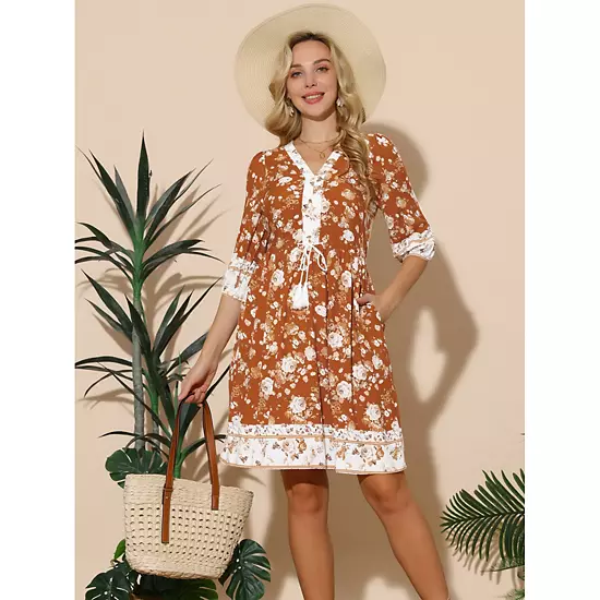 Women's Summer Floral Dress V Neck Half Sleeve Drawstring Waist Knee Length Flowy Dress With Pockets 3 Women's Summer Floral Dress V Neck Half Sleeve Drawstring Waist Knee Length Flowy Dress With Pockets - Image 3