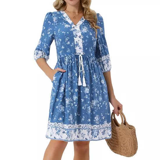 Women's Summer Floral Dress V Neck Half Sleeve Drawstring Waist Knee Length Flowy Dress With Pockets 6 Women's Summer Floral Dress V Neck Half Sleeve Drawstring Waist Knee Length Flowy Dress With Pockets - Image 6