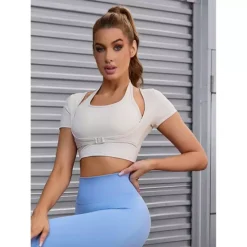 Women's Halter Neck Short Sleeve Workout Crop Tops Front Closure Slim Fit Fitness T Shirt Top -Fashion Clothing Store 7603000 ALT2