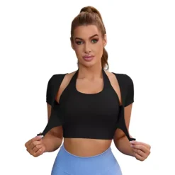 Women's Halter Neck Short Sleeve Workout Crop Tops Front Closure Slim Fit Fitness T Shirt Top