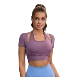 Women's Halter Neck Short Sleeve Workout Crop Tops Front Closure Slim Fit Fitness T Shirt Top -Fashion Clothing Store 7603000 Purple