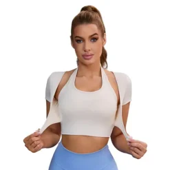 Women's Halter Neck Short Sleeve Workout Crop Tops Front Closure Slim Fit Fitness T Shirt Top -Fashion Clothing Store 7603000 White
