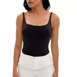 Women's Square Neck Cami Vest Shelf Bra Adjustable Spaghetti Strap Tank Camisole -Fashion Clothing Store 7603016 Black