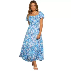 Floral Dresses For Women's Square Neck High Waist Smocked Back Flowy Tiered Maxi Dress