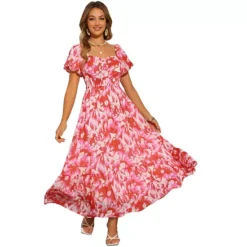 Floral Dresses For Women's Square Neck High Waist Smocked Back Flowy Tiered Maxi Dress -Fashion Clothing Store 7603024 Pink