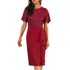 Women's Sequin Lace Dress Short Sleeve Bodycon Cocktail Midi Dress