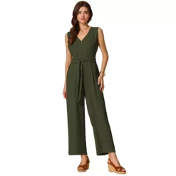 Wide Leg Jumpsuit For Women's V Neck Casual Sleeveless Romper -Fashion Clothing Store 7603116 Army Green