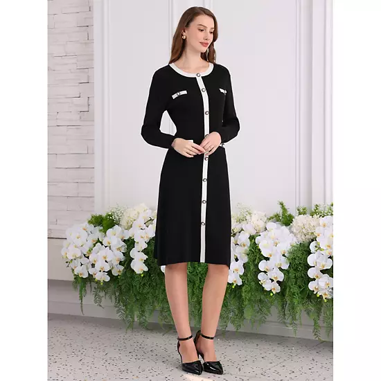 Women's Contrast Color Sweater Dresses Long Sleeve Knit A-line Midi Dress 2 Women's Contrast Color Sweater Dresses Long Sleeve Knit A-line Midi Dress - Image 2