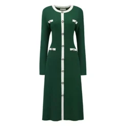 Women's Contrast Color Sweater Dresses Long Sleeve Knit A-line Midi Dress