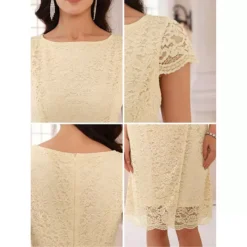 Women's Floral Lace Dress Cap Sleeve Boat Neck Cocktail Midi Wedding Guest Dresses -Fashion Clothing Store 7603144 ALT3