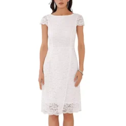 Women's Floral Lace Dress Cap Sleeve Boat Neck Cocktail Midi Wedding Guest Dresses -Fashion Clothing Store 7603144 White