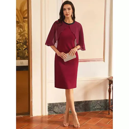 Women's Wedding Guest Dress Beaded Crewneck Cocktail Chiffon Cape Dress 2 Women's Wedding Guest Dress Beaded Crewneck Cocktail Chiffon Cape Dress - Image 2