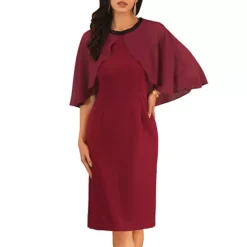 Women's Wedding Guest Dress Beaded Crewneck Cocktail Chiffon Cape Dress