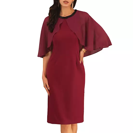 Women's Wedding Guest Dress Beaded Crewneck Cocktail Chiffon Cape Dress 1 Women's Wedding Guest Dress Beaded Crewneck Cocktail Chiffon Cape Dress