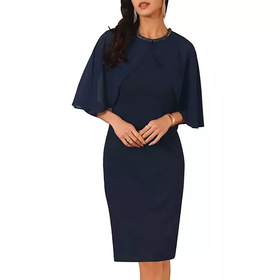 Women's Wedding Guest Dress Beaded Crewneck Cocktail Chiffon Cape Dress 6 Women's Wedding Guest Dress Beaded Crewneck Cocktail Chiffon Cape Dress - Image 6