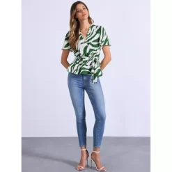 Printed Peplum Top For Women's Flutter Sleeves Elastic Waist Belt Wrap V Neck Blouse -Fashion Clothing Store 7603186 ALT2