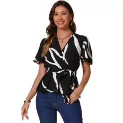 Printed Peplum Top For Women's Flutter Sleeves Elastic Waist Belt Wrap V Neck Blouse