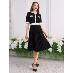 Women's Pleated Dress Contrast Color Short Sleeve Casual Work A-Line Dresses -Fashion Clothing Store 7604195 ALT2