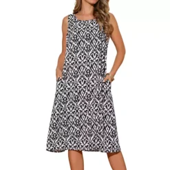 Summer Tank Dress Print Round Neck Sleeveless Loose Midi Dresses With Pockets
