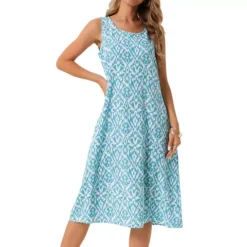 Summer Tank Dress Print Round Neck Sleeveless Loose Midi Dresses With Pockets -Fashion Clothing Store 7604200 Blue Green