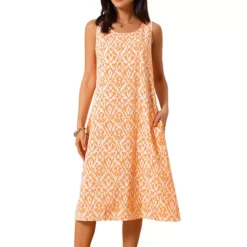 Summer Tank Dress Print Round Neck Sleeveless Loose Midi Dresses With Pockets -Fashion Clothing Store 7604200 Orange