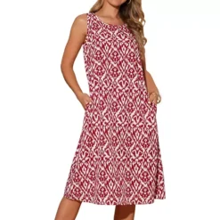 Summer Tank Dress Print Round Neck Sleeveless Loose Midi Dresses With Pockets -Fashion Clothing Store 7604200 Red