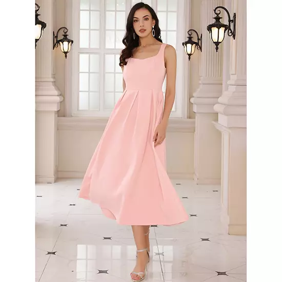 Women's Cocktail Dress Sleeveless Square Neck A-Line Pleated Vintage Maxi Dress 2 Women's Cocktail Dress Sleeveless Square Neck A-Line Pleated Vintage Maxi Dress - Image 2