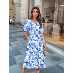 Women's Summer Dresses Loose Boho V Neck Short Sleeve Tie Waist Flowy Floral Slit Beach Maxi Dress -Fashion Clothing Store 7604226 ALT