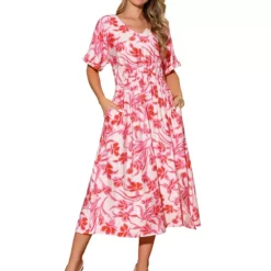 Women's Summer Dresses Loose Boho V Neck Short Sleeve Tie Waist Flowy Floral Slit Beach Maxi Dress -Fashion Clothing Store 7604226 Pink 1