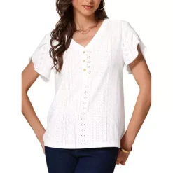Summer Tops For Women's Short Tulip Sleeve Button Front V Neck Eyelet Loose Fit Top