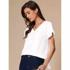 Summer Tops For Women's Short Tulip Sleeve Button Front V Neck Eyelet Loose Fit Top -Fashion Clothing Store 7604229 ALT2