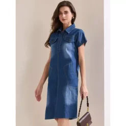 Women's Denim Shirt Dress Casual Short Sleeve V Neck Collared Mini Jean Dresses -Fashion Clothing Store 7604322 ALT