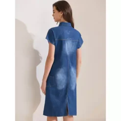 Women's Denim Shirt Dress Casual Short Sleeve V Neck Collared Mini Jean Dresses -Fashion Clothing Store 7604322 ALT2